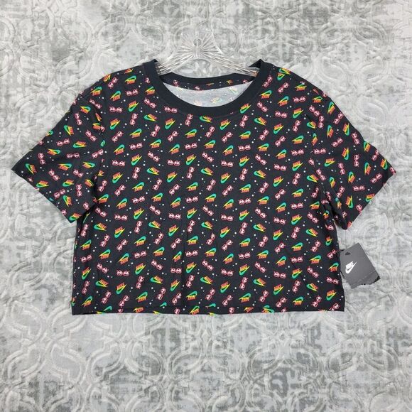 Nike Shirt  Womens Extra Small Black Crop Top Sunglasses All Over Print Rainbow - Picture 1 of 11
